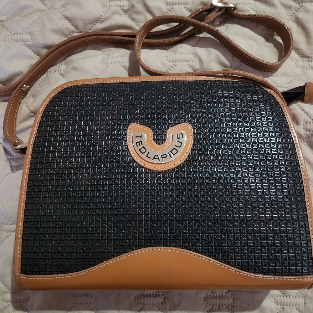 Ted Lapidus Paris Vintage Crossbody Bag Black Tan Logo Embossed Leather Satchel